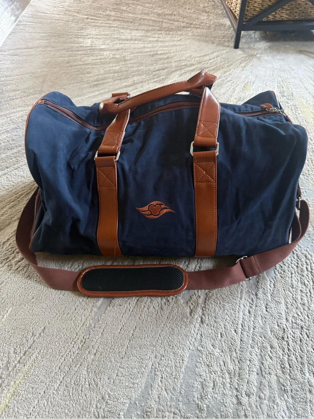 Peter Millar Navy Blue Duffel Bag Crown Seal Canvas Disney Cruise Brown Accents
